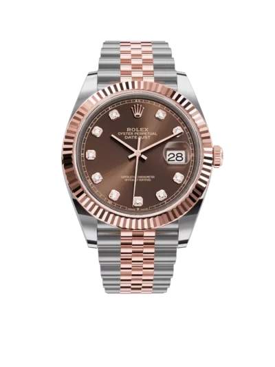 Rolex Datejust 41MM 126331 Chocolate Diamond Dial Fluted Bezel Two Tone Rose Gold Jubilee Bracelet