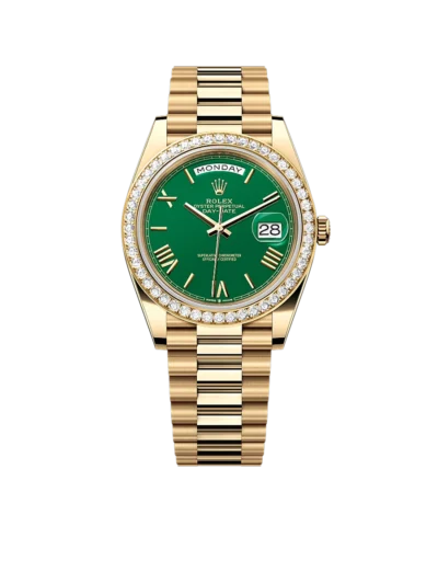 Rolex Day-Date 40 Yellow Gold Green Roman Numeral Dial Diamond Bezel M228348RBR-0040