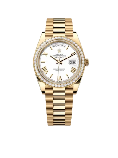 Rolex Day-Date 40 228348RBR Yellow Gold Diamond Bezel White Dial