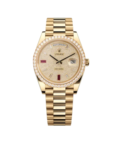 Rolex Day-Date 40mm Yellow Gold Diamond Ruby Pave Dial Diamond Bezel 228348RBR