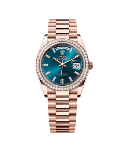 Rolex Day-Date 36mm 128345RBR Rose Gold Diamond Bezel Blue-Green Baguette Marker Dial