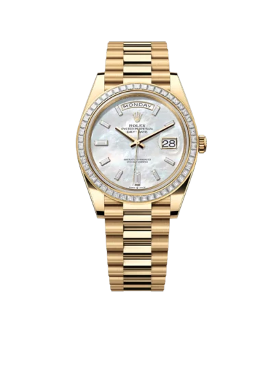 Rolex Day-Date 40 228398TBR Yellow Gold Mother of Pearl Diamond Baguette Dial and Bezel