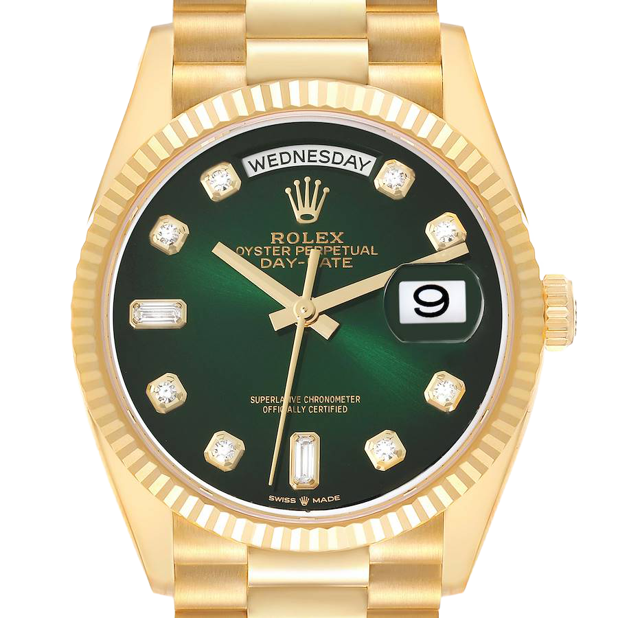 Rolex President Day-Date 36mm Yellow Gold Green Diamond Dial Mens Watch 128238 - Image 3